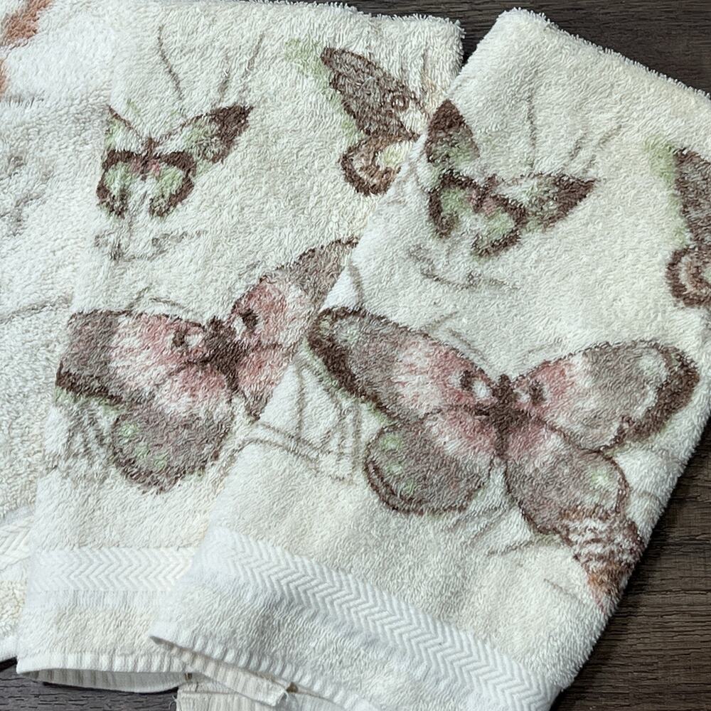 Set 4 Vintage Cream Brown Butterfly Bath Hand Towel RA Briggs USA Cotton 1980s